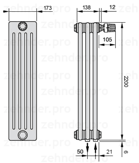 Схема (чертеж) Радиатор Zehnder Charleston 5220/3 №V002 Белый глянцевый RAL 9016